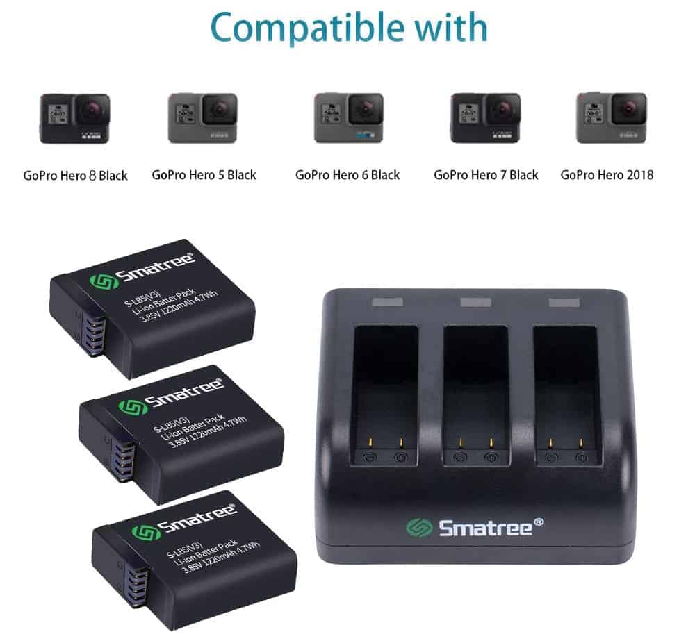Smatree Batería de Repuesto (paquete de 3) con cargador de 3 canales para GoPro Hero 8/7/6/5 Black