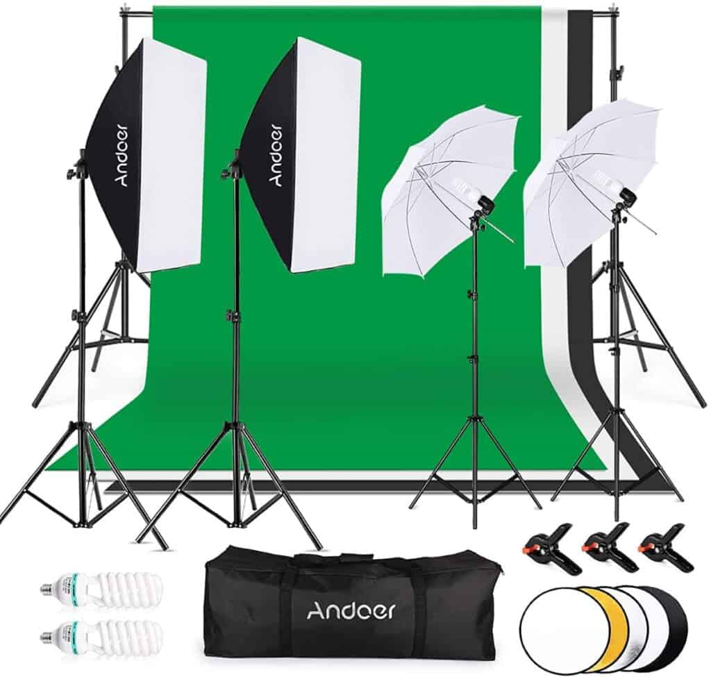 Andoer - Kit de iluminación profesional con Softbox, fondo y paraguas - 2 x 135W & 45W